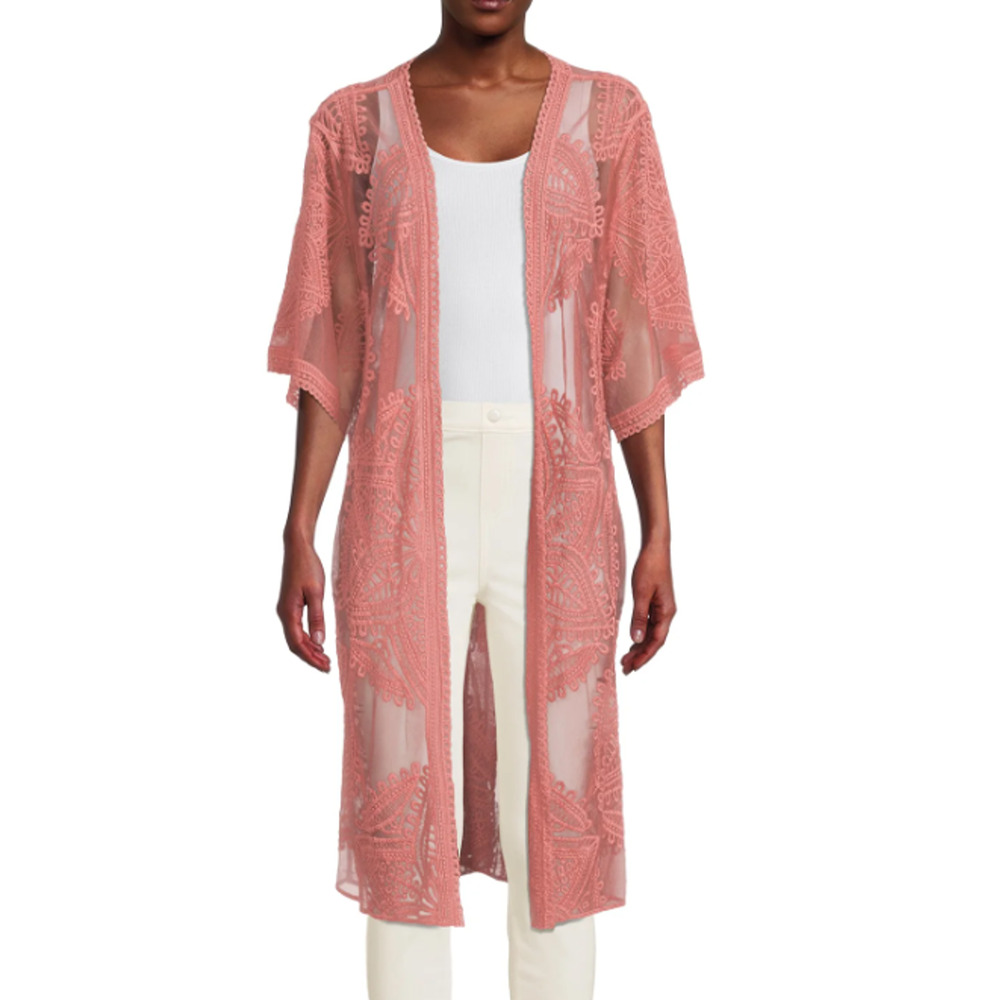 Time and Tru‎ Pink Floral Crochet Open Front Kimono Top Womans Plus Size 2XL-3XL